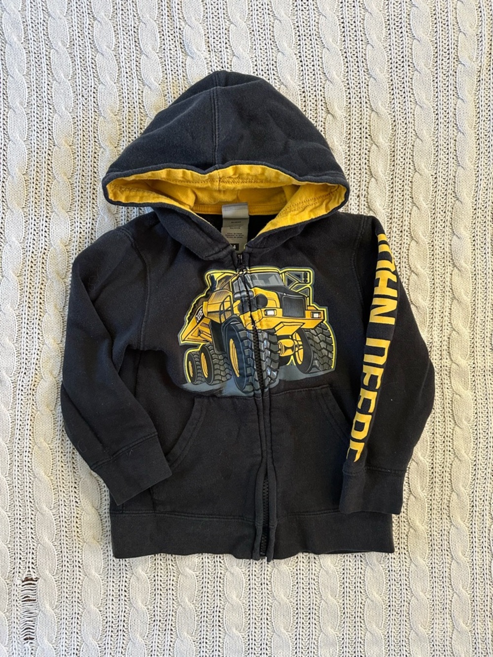John Deere Black Hooded Zip Sweatshirt with Yellow Dump Truck Graphic